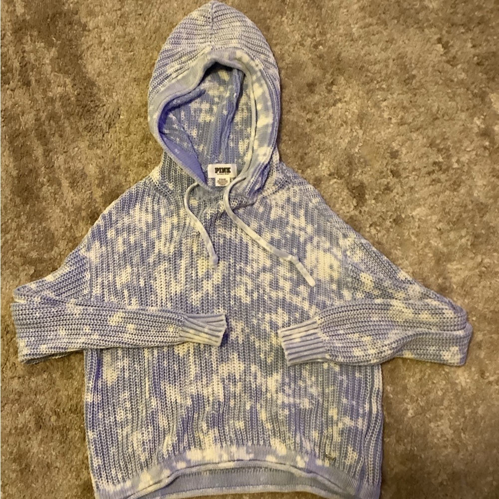 Victoria’s Secret Pink Cable Knit Hoodie Sweater M Blue Pullover Oversized